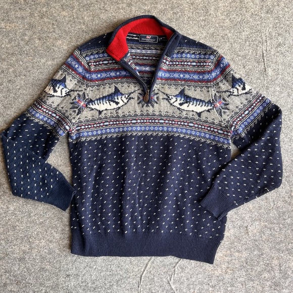 Vineyard Vines Other - Vineyard Vines Sweater Mens Medium 1/4 Zip Marlin‎ Fish Blue Wool Alpaca Blend